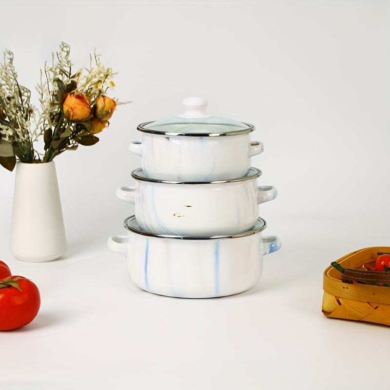Juego de 3 mini ollas esmaltadas con tapas de vidrio, colección de utensilios de cocina esmaltados