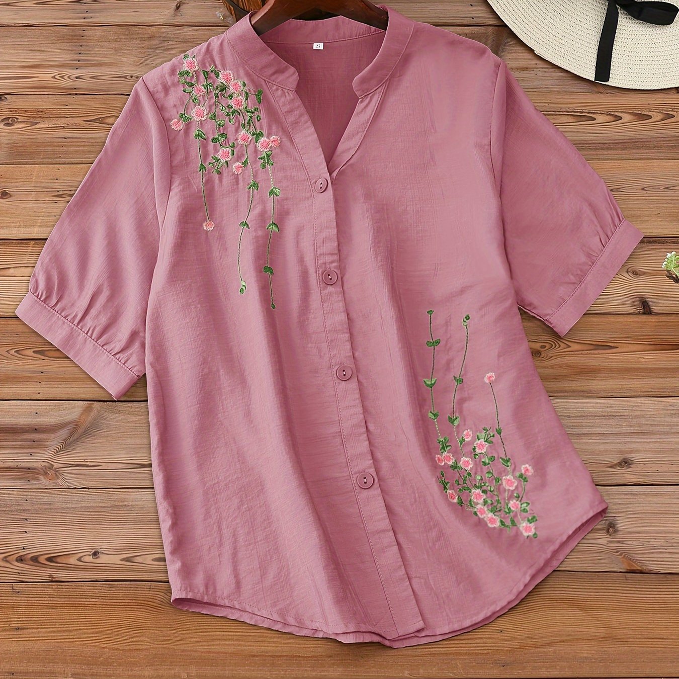 Floral Embroidered Women's V-Neck Blouse Short Sleeve Rayon Polyamide Spring Summer