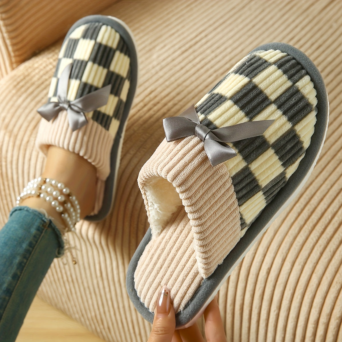 Women's Checkered Knit Slippers with Bow Non-Slip Sole Indoor Comfort