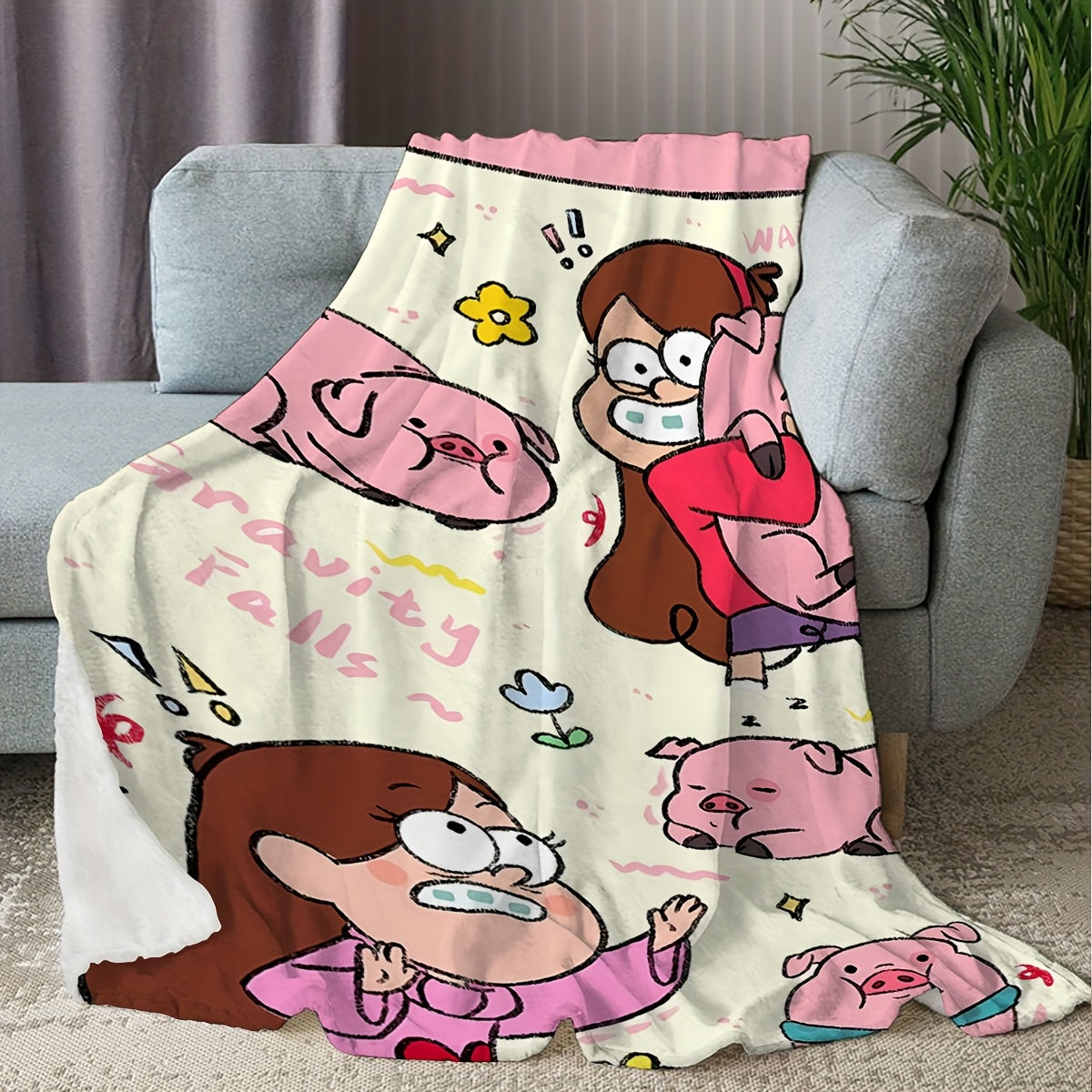 Knitted Throw Blanket with Gravity Falls Pig and Girl Print for All-Season Home Decor