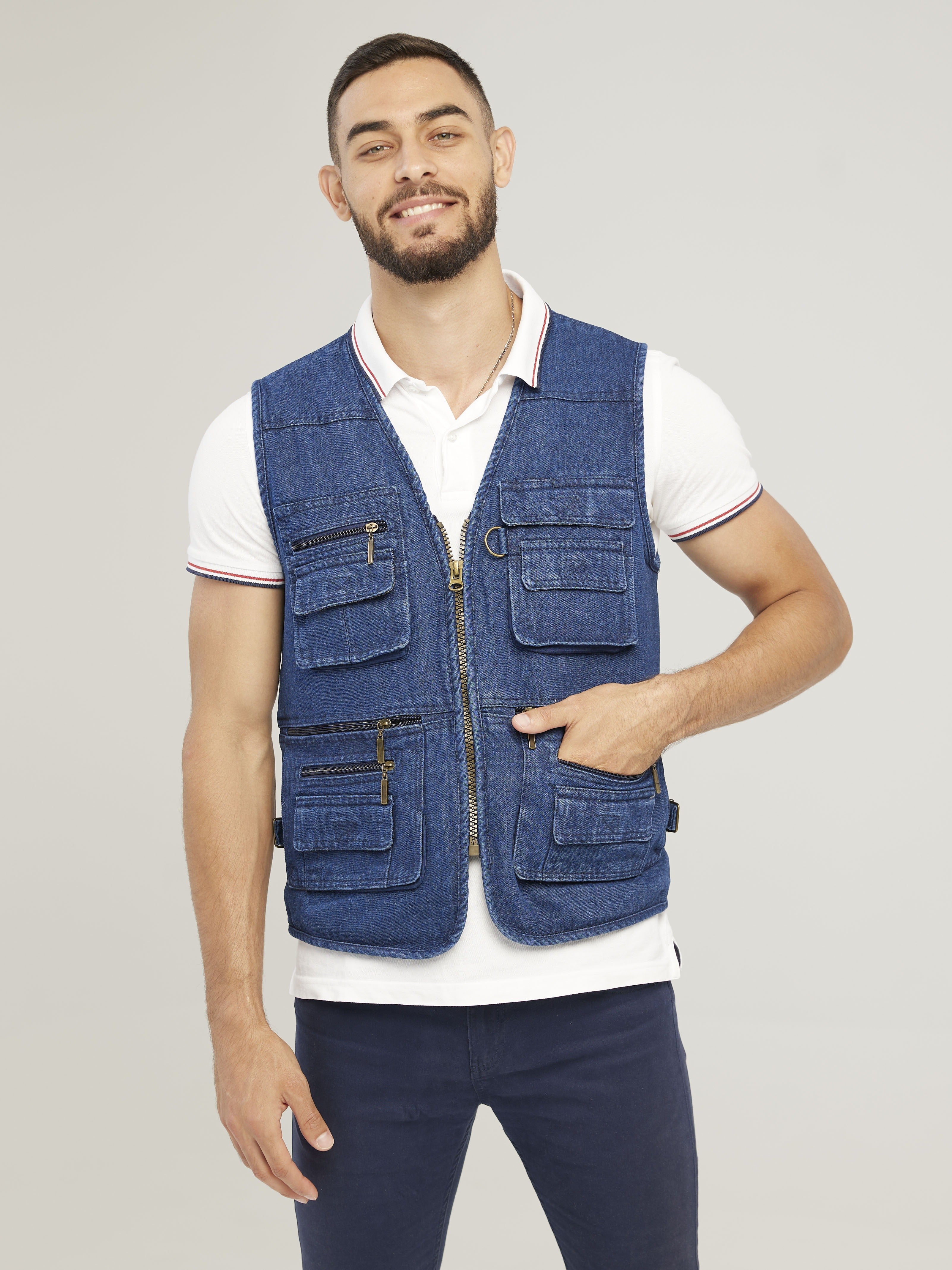 Men's Cotton Cargo Vest with Zipper Pockets for Outdoor Activities