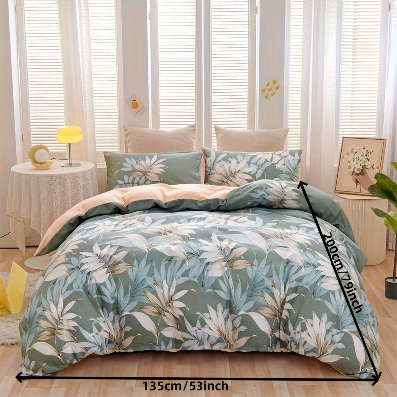 Green Leaf Print Duvet Cover Set with Pillowcases 3 Pieces Soft Polyester for Bedroom