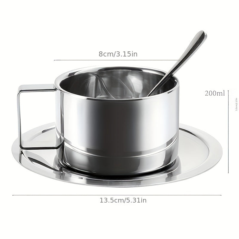 Juego de taza y platillo de acero inoxidable para café para hogar y oficina, 8 oz