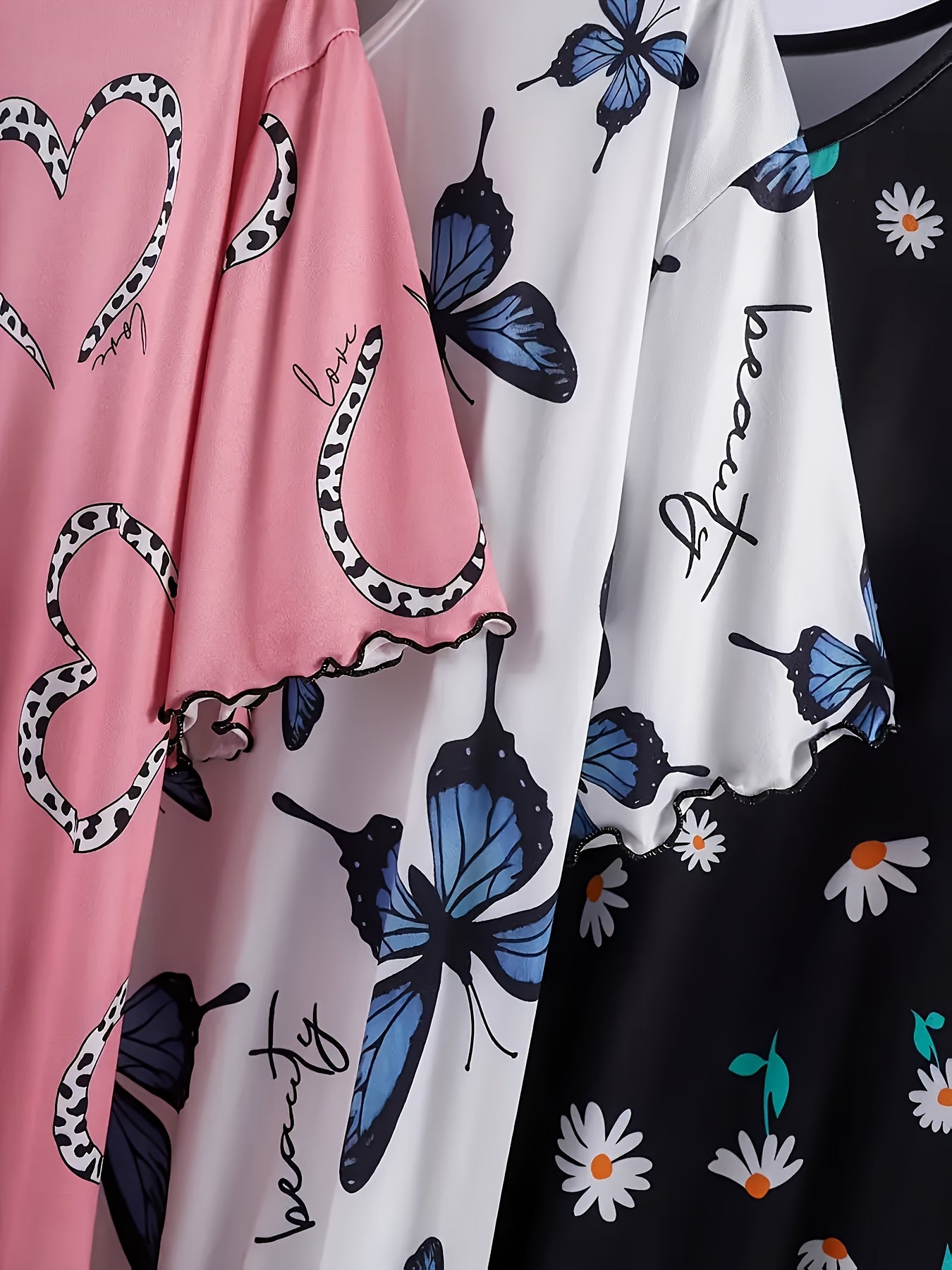 Женские ночные платья больших размеров для лета, с цветочным принтом бабочек, рюшеобразными краями, розовые, черные и белые