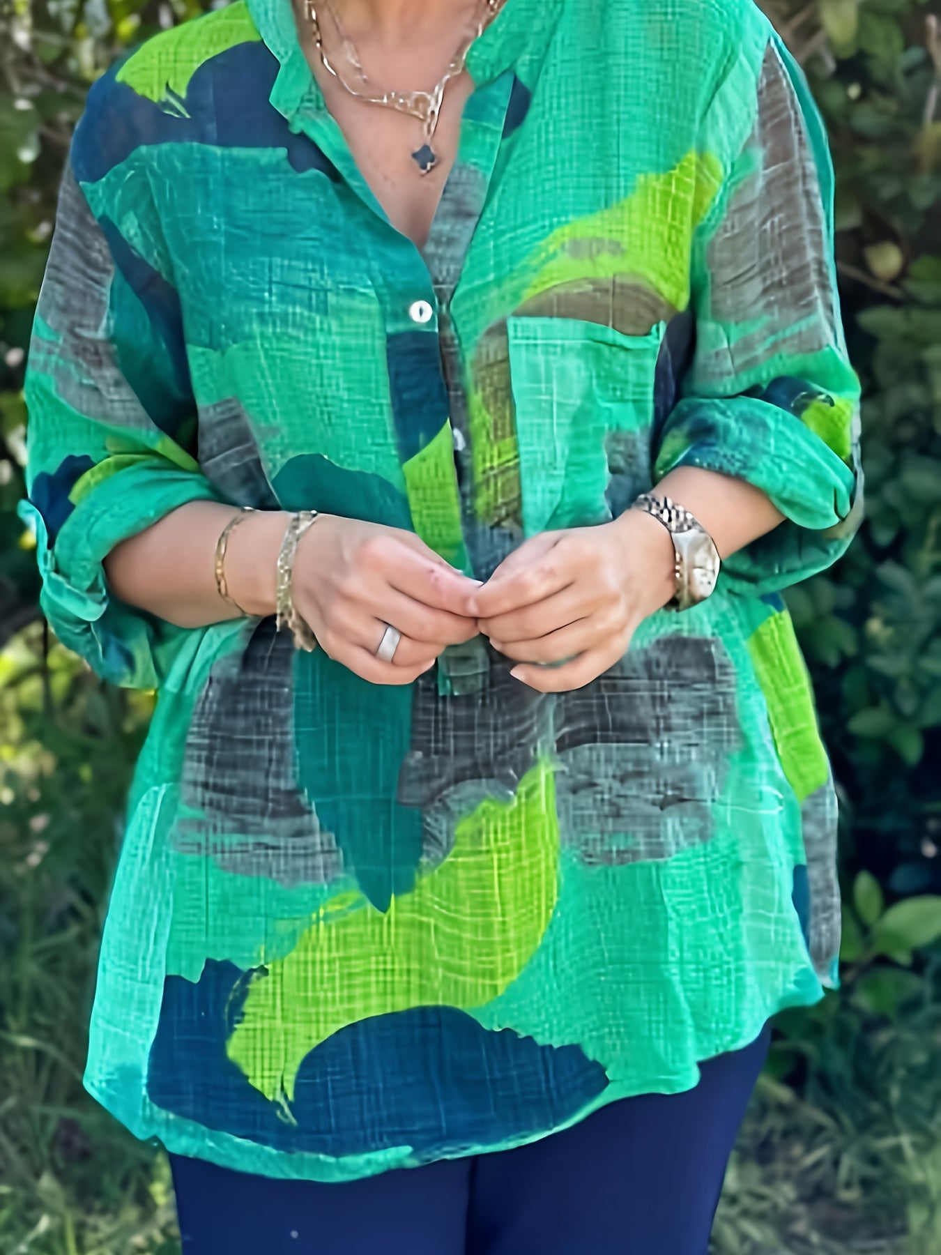 Plus Size Color Block Blouse Polyester Spandex Long Sleeve Shirt for Women