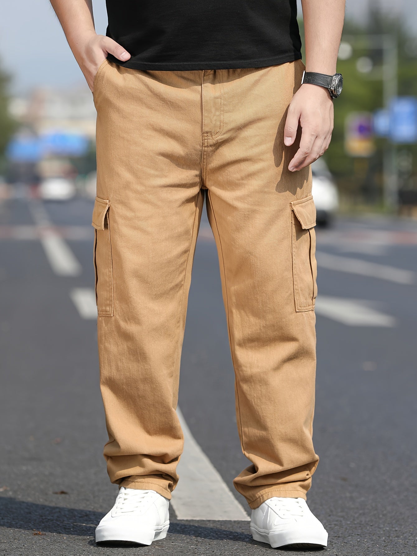 Men's Plus Size Cargo Pants 100% Cotton Solid Color Casual Regular Fit