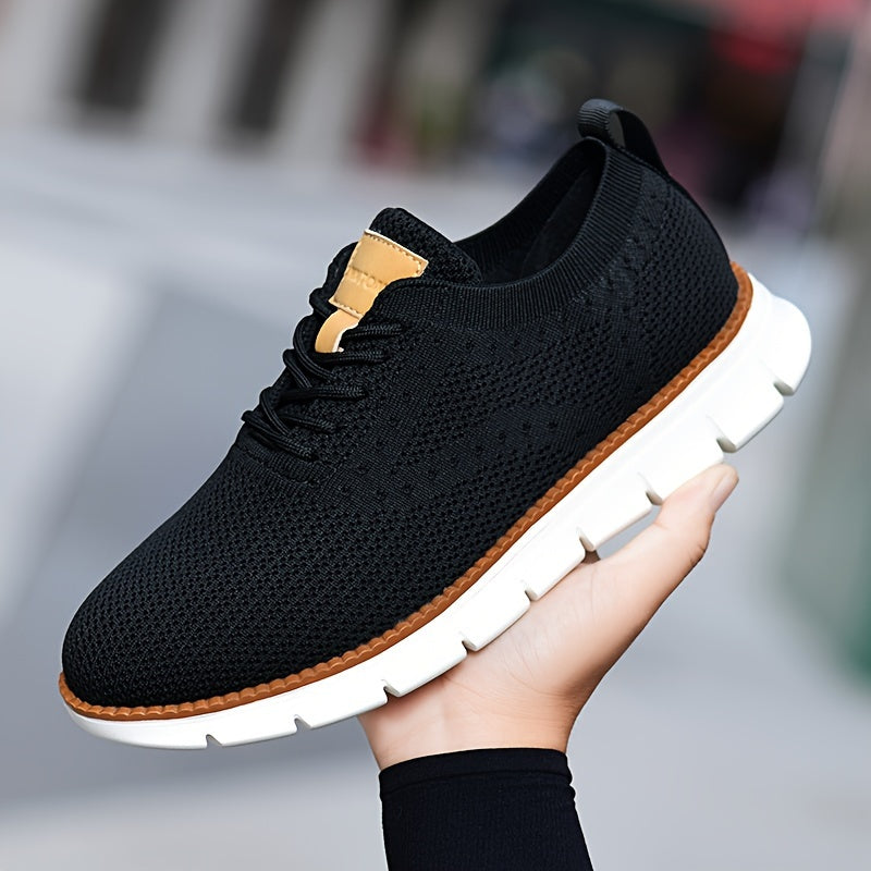 Men's Breathable Knit Business Casual Shoes Beige Brown Leather Upper EVA Sole Round Toe All-Season