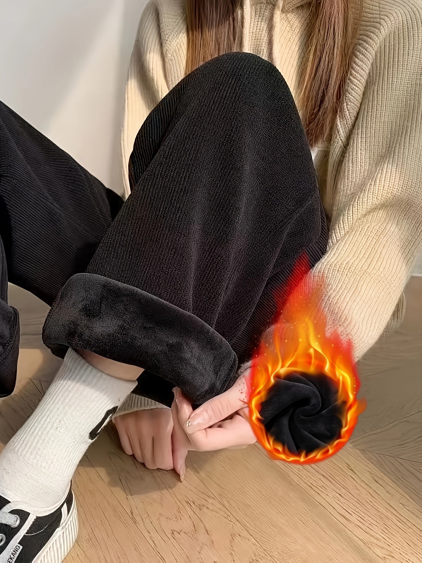 Pantalones de dormir de invierno para mujer de cintura alta, forrados de terciopelo de poliéster, casuales y largos