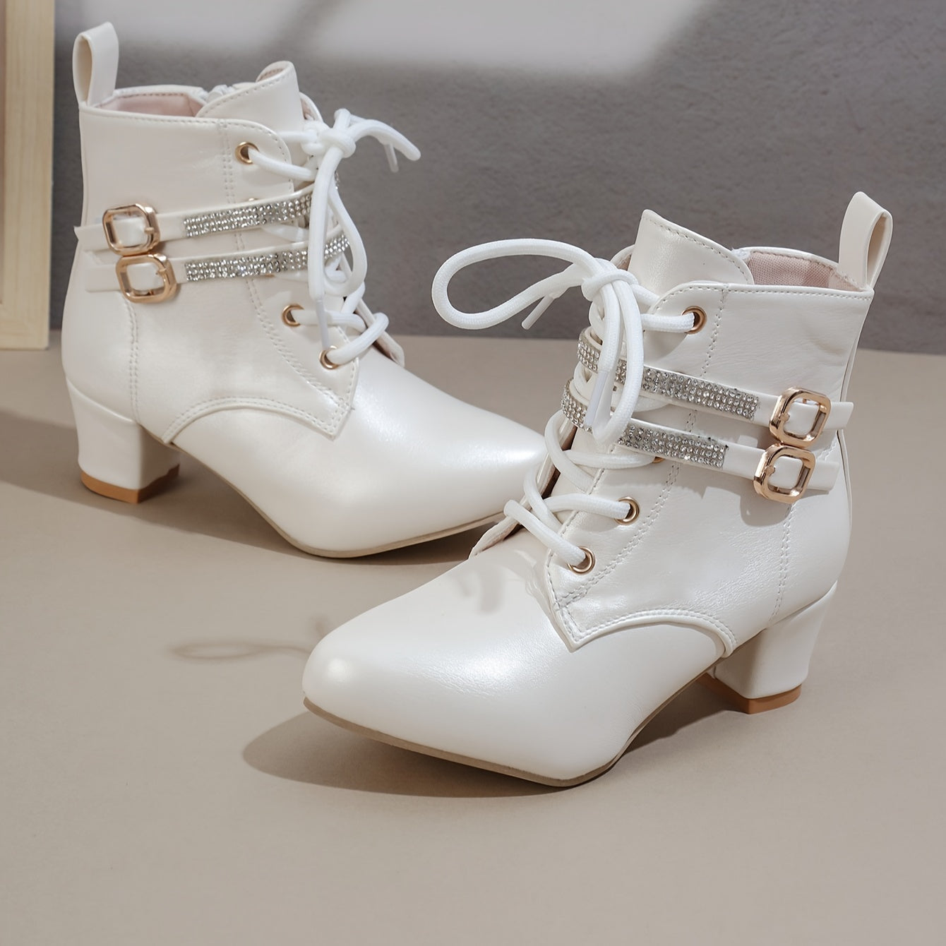 Women's White Ankle Boots with Golden Buckles Side Zipper Chunky Heel