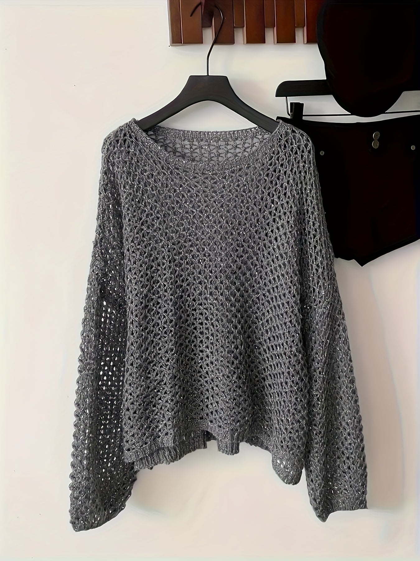 Women Plus Size Light Gray Crochet Sweater Long Sleeve Round Neck Pullover