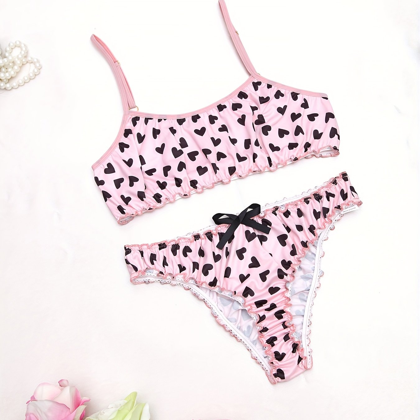 Women's Heart Pattern Lace Lingerie Set with Adjustable Straps