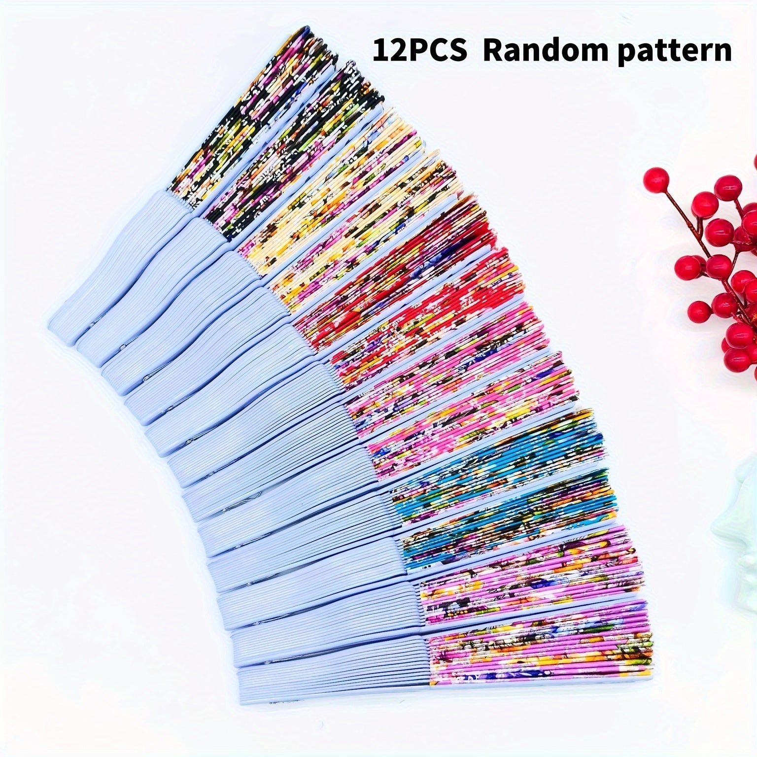 12 Elegant Floral Linen Texture Handheld Fans with Golden Accents and Folding Design