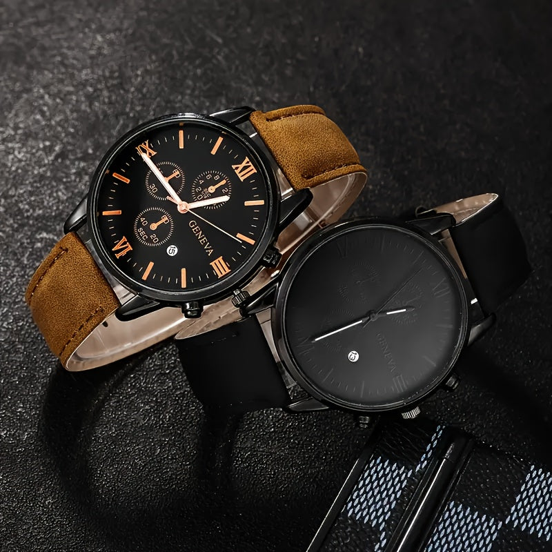 Set of 2 Men's Fashion Quartz Watches Alloy Case PU Leather Band Non-Waterproof Analog Shock-Resistant