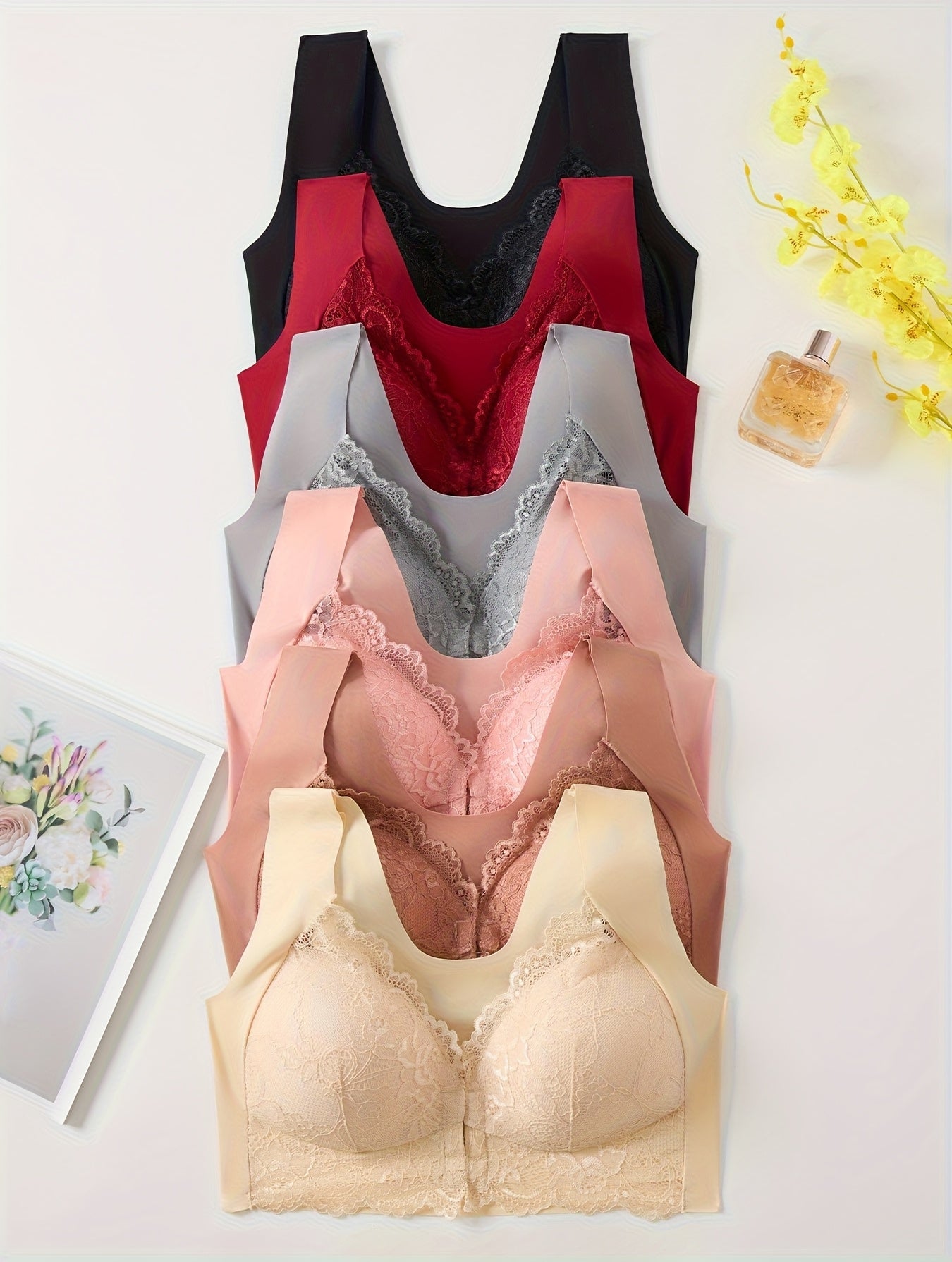 Women's Lace Bra 6 Pack Front Clasp No Underwire Comfortable Lift