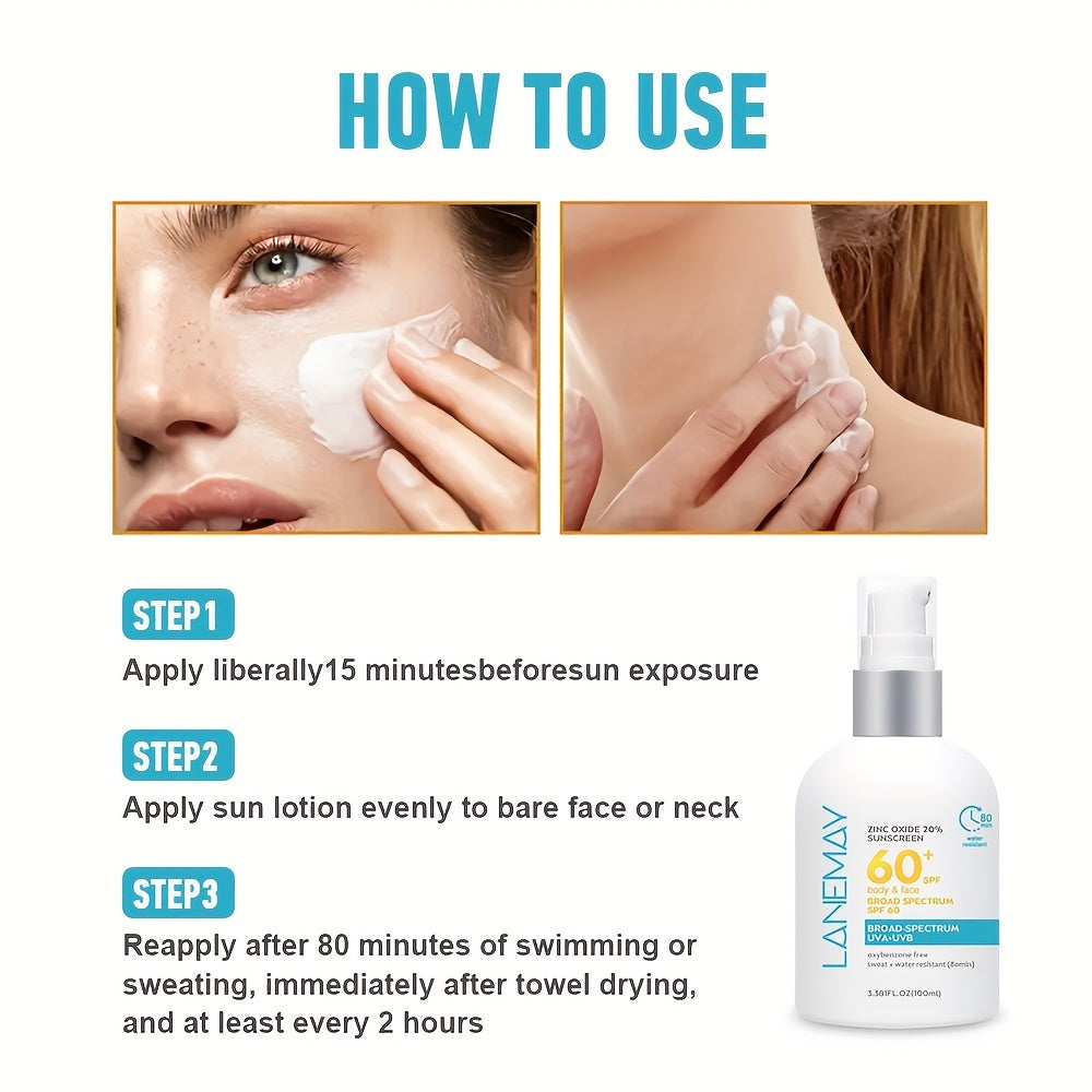 SPF 60 Sunscreen Lotion with Zinc Oxide 20% Water Resistant Hypoallergenic for All Skin Types 3.38 fl oz