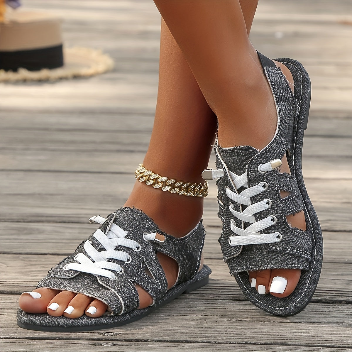 Women's Bohemian Flat Sandals Light Blue Open-Toe Lace-Up Casual Sandals