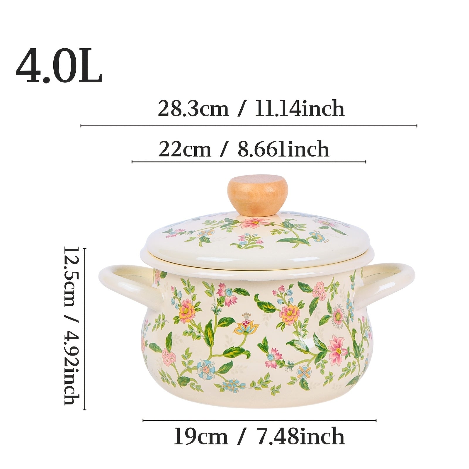 Floral Enamel Soup Pot with Rolled Edges for Open Fire and Induction Cooking