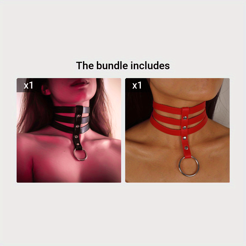 Women's Leather Punk Choker Necklace with Three Straps