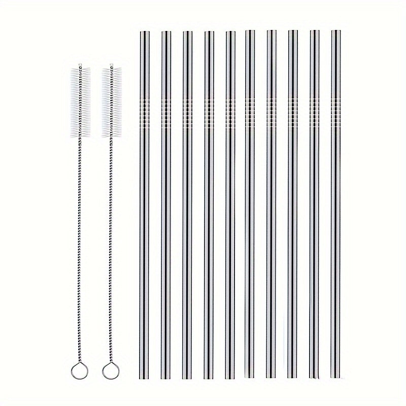 10 Reusable Stainless Steel Drinking Straws 21.59cm with Cleaning Brushes