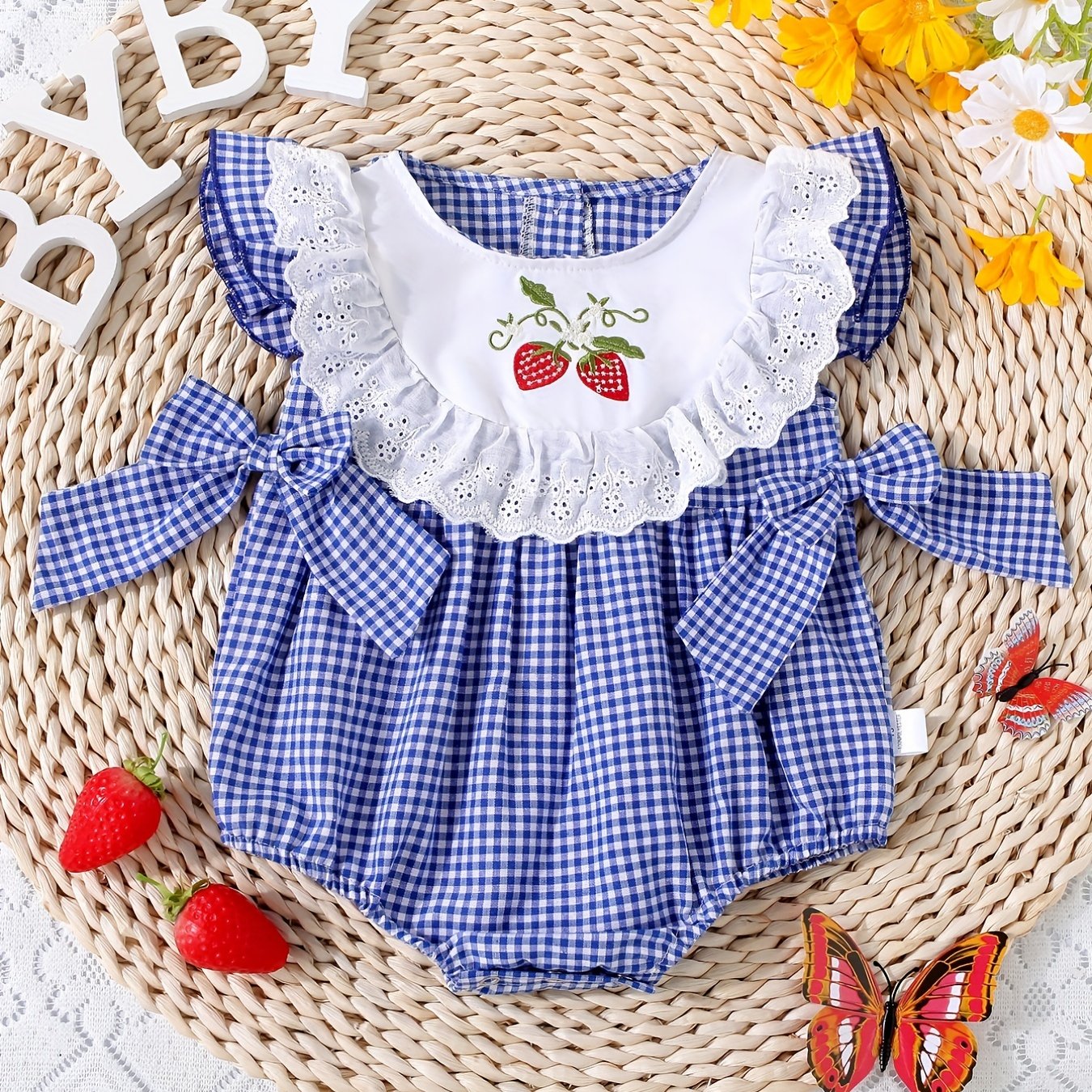 Baby Girls Plaid Onesie with Strawberry Embroidery and Bow Details for Casual Outdoor Wear