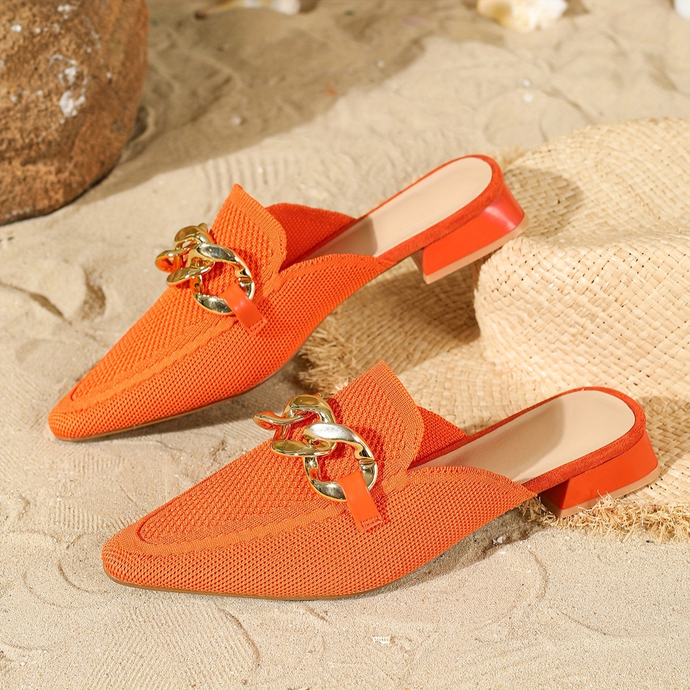 Women's Knitted Mules with Metallic Chain, Breathable Slip-On Shoes