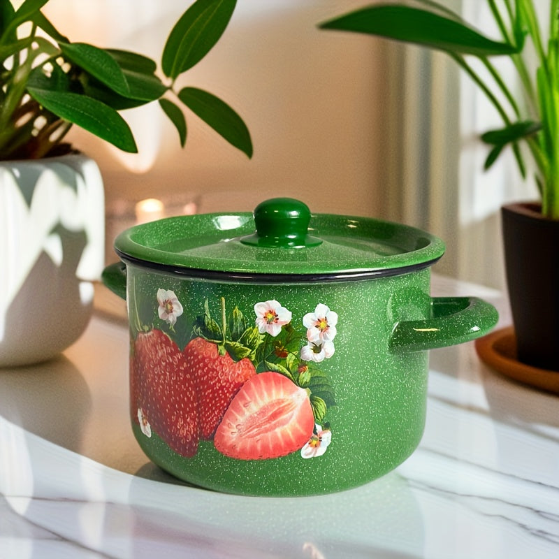 Enamel Cooking Pot 20cm with Strawberry Floral Design, Heat-Retaining Lid
