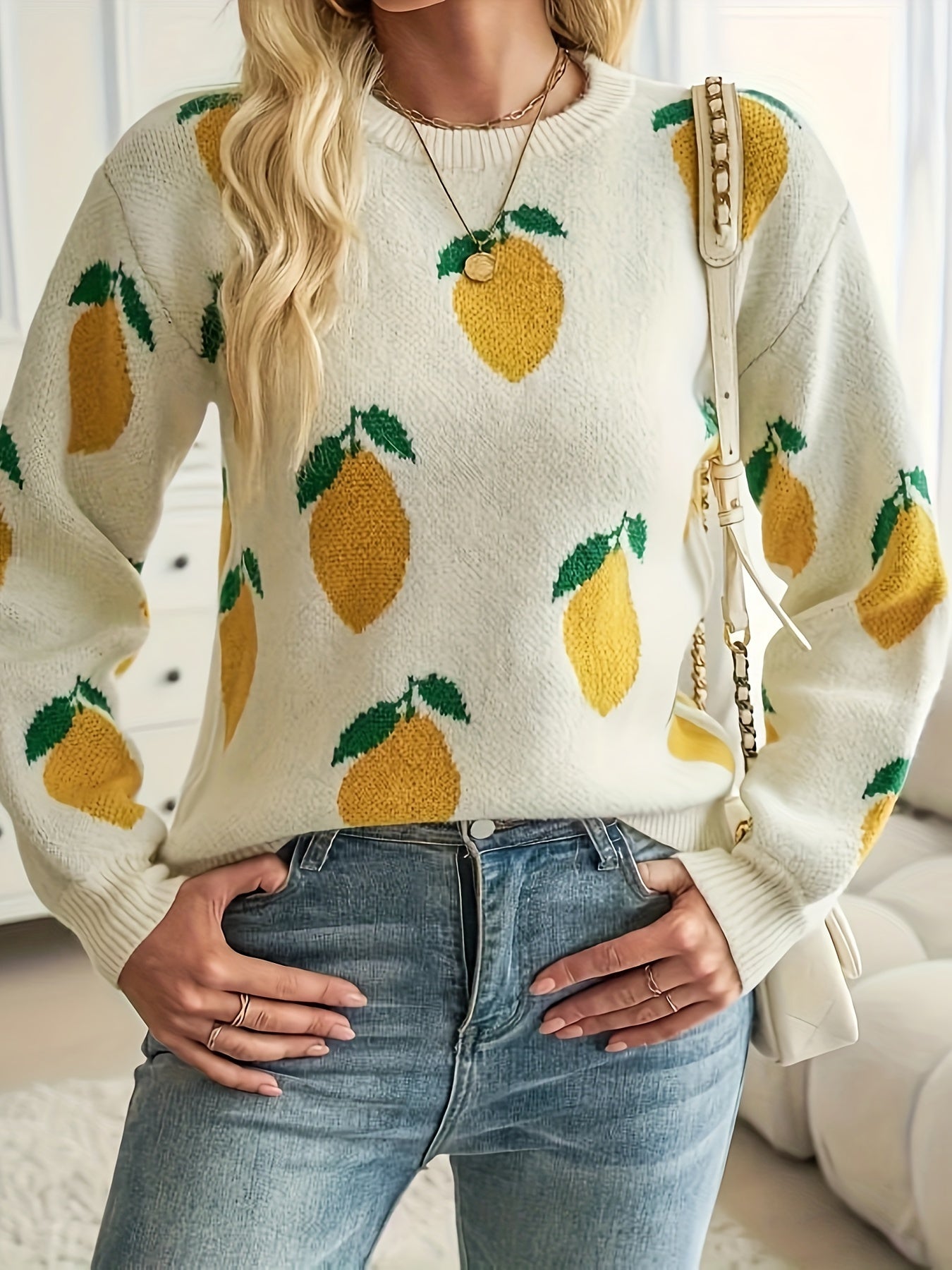Women’s Acrylic Lemon Pattern Crew Neck Sweater Long Sleeve Casual Pullover