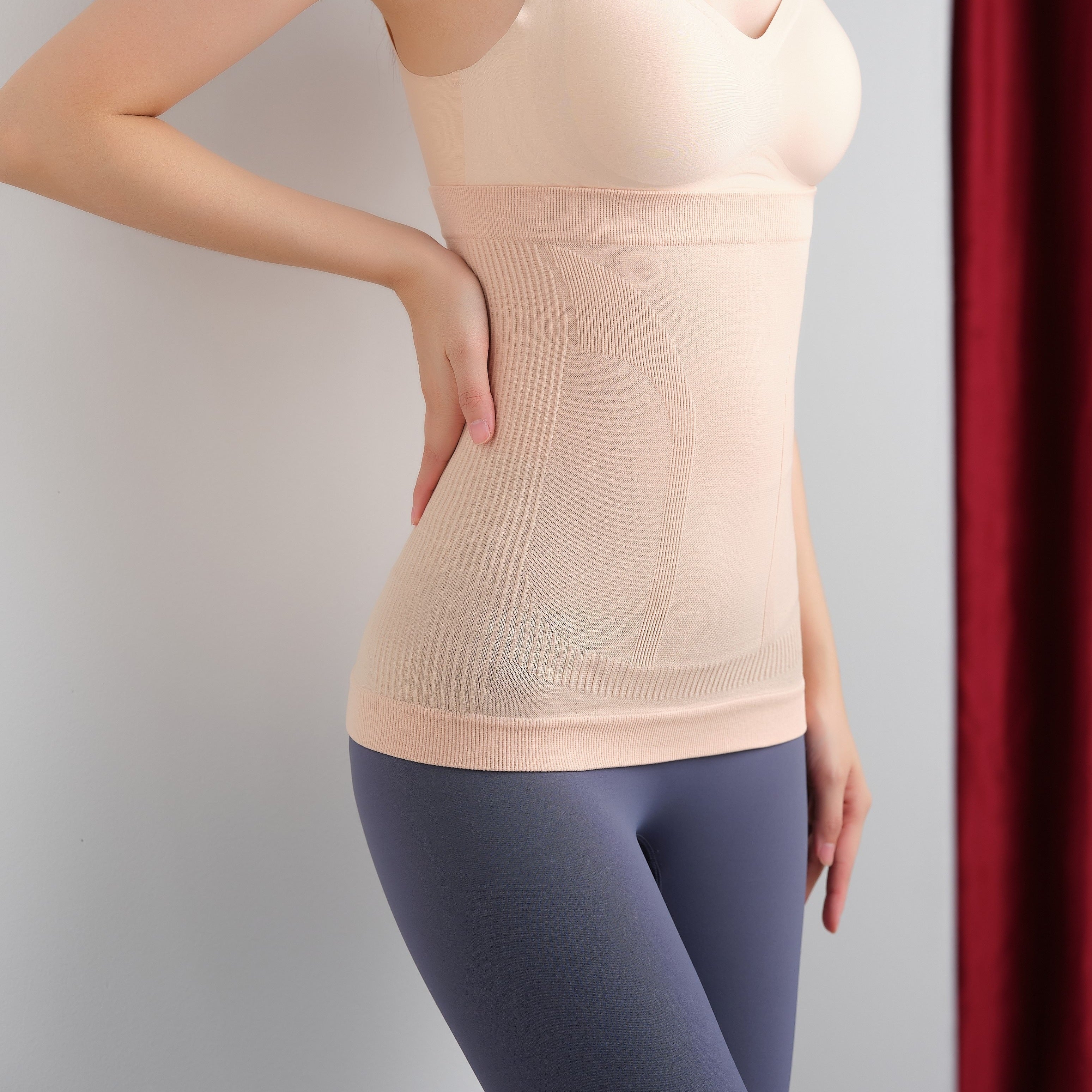 Beige Waist Trainer for Women Ribbed Tummy Control Back Support Nylon Blend All-Season