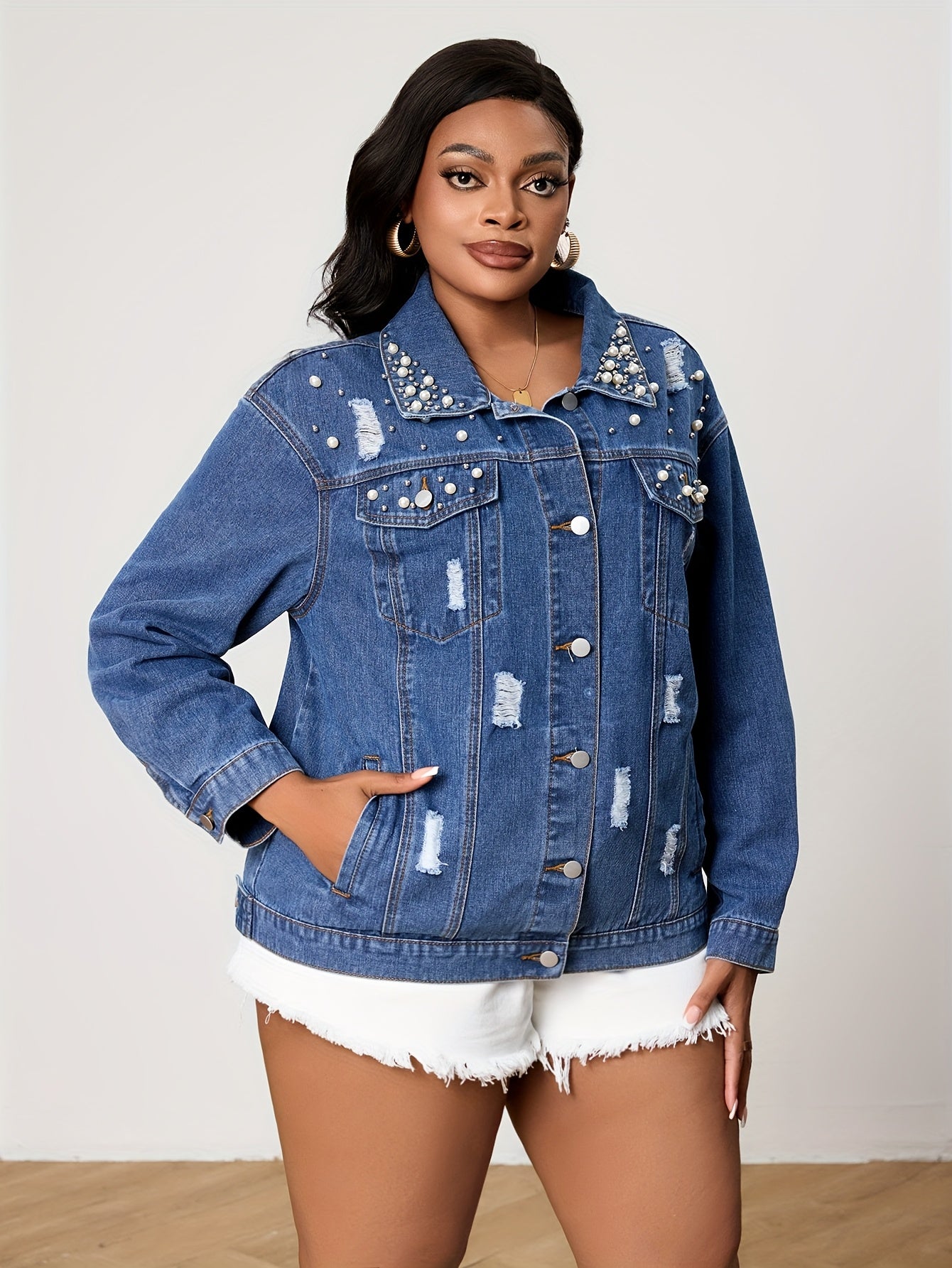Plus-Size Women's Pearl Distressed Denim Jacket Outerwear