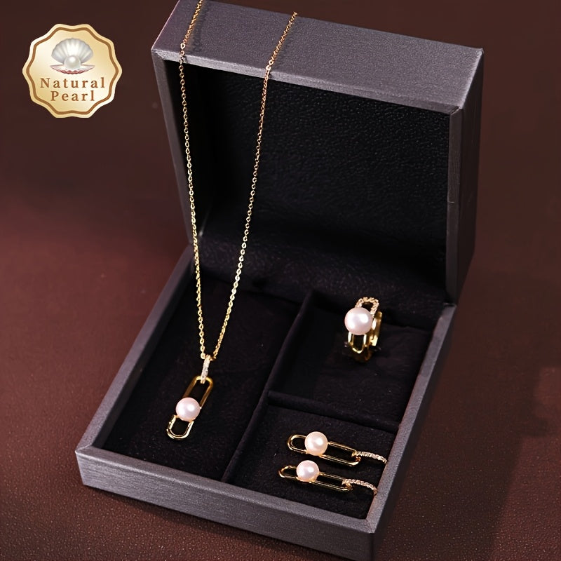 Women's Pearl Jewelry Set Necklace Earrings Ring Cubic Zirconia Gift Box