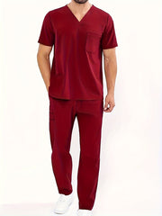 Мужской летний рабочий костюм с V-образным вырезом и четырьмя карманами, полиэстер, однотонный