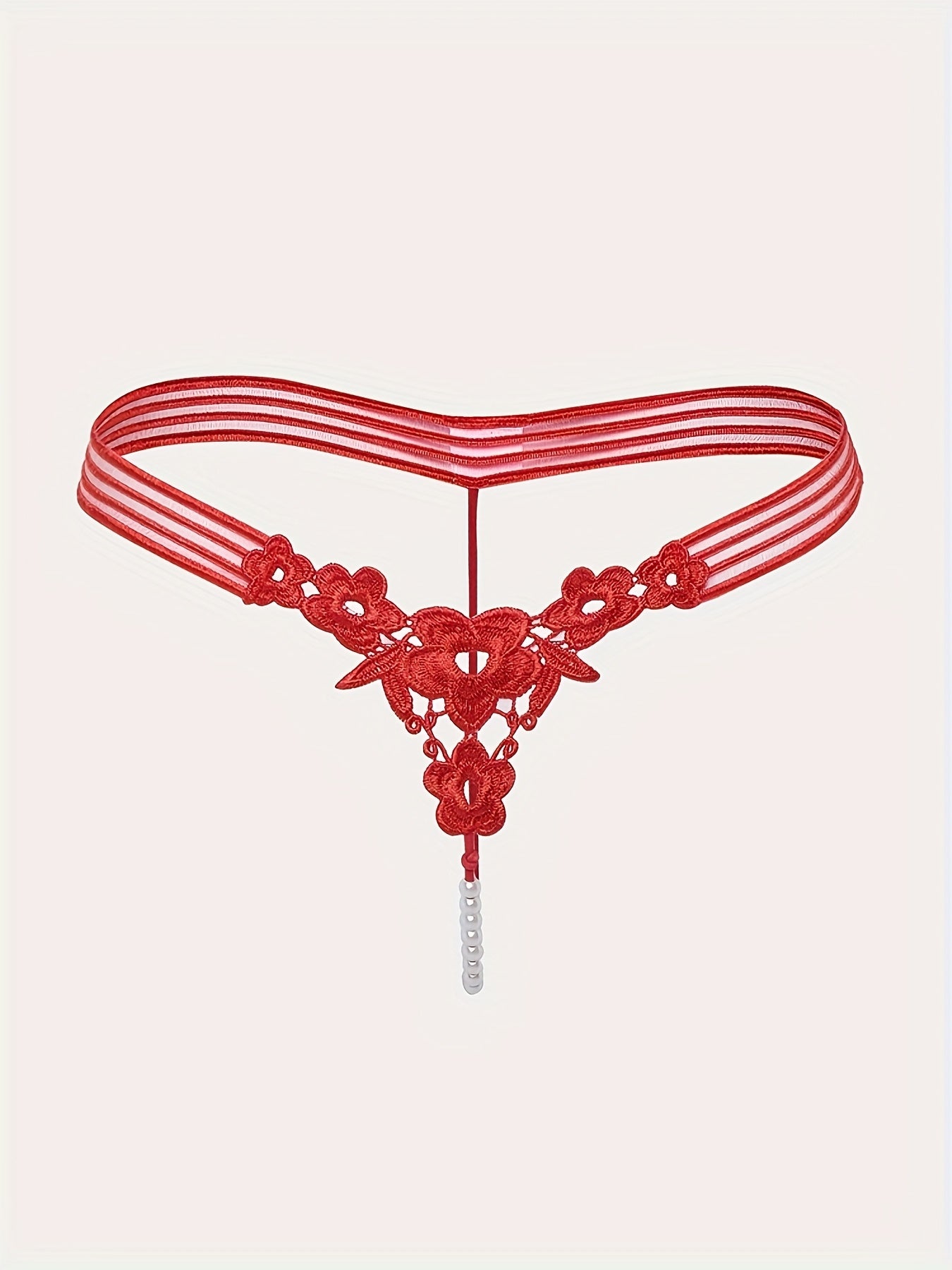 Women's Red Polyester Knit Thong Panties with Embroidered V-String and Drop Waist
