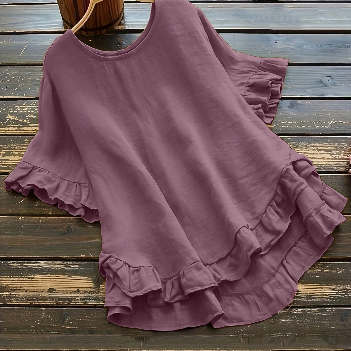 Blusa de manga campana de talla grande para mujer, con volantes, parte frontal corta y parte trasera larga, color negro, tela suave