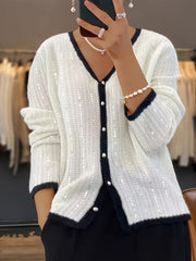 Women's Beaded Knit Cardigan Fall Winter Solid Color Crew Neck Casual