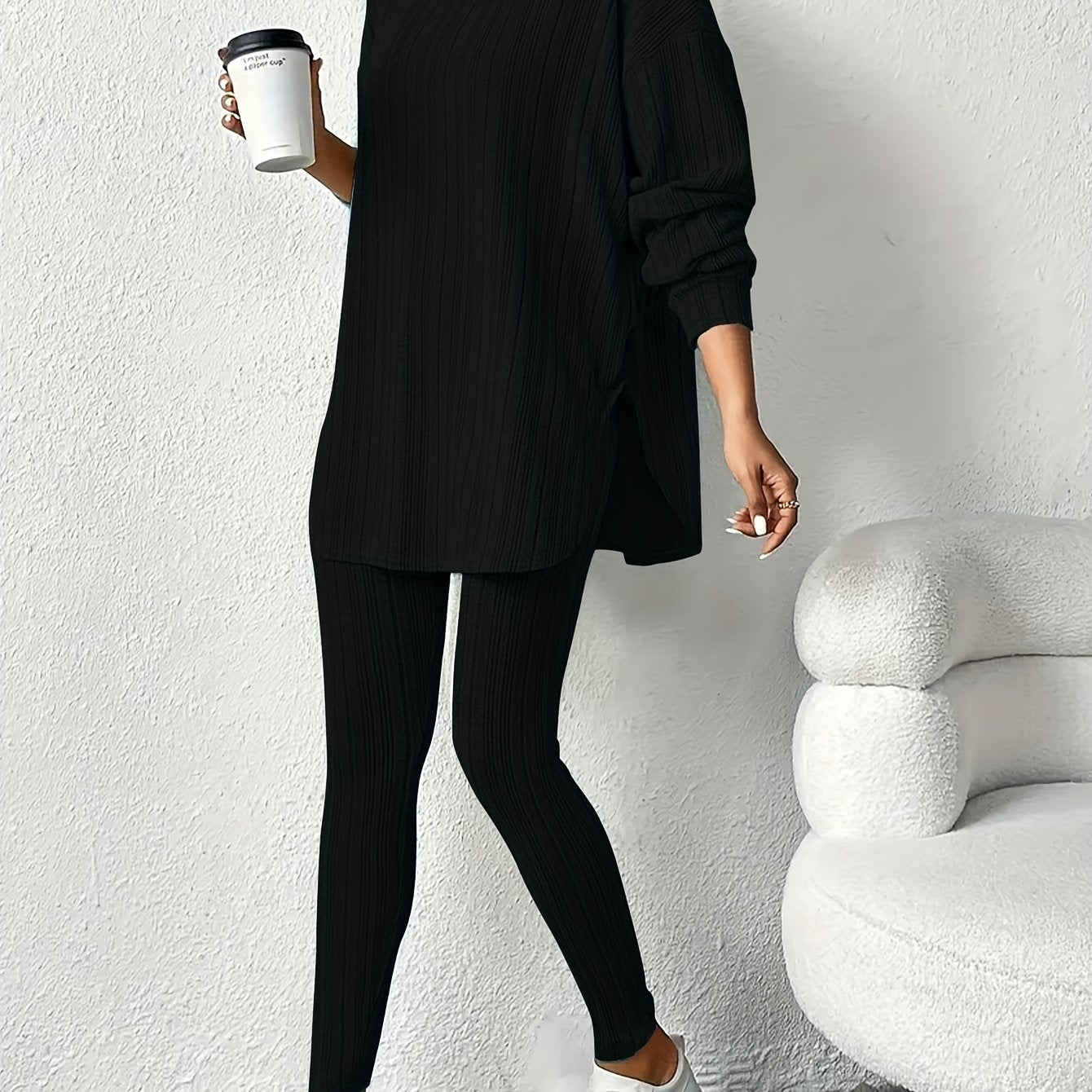 Women's Cozy Ribbed Fleece Lounge Set Hoodie and Leggings Fall Winter Polyester Blend