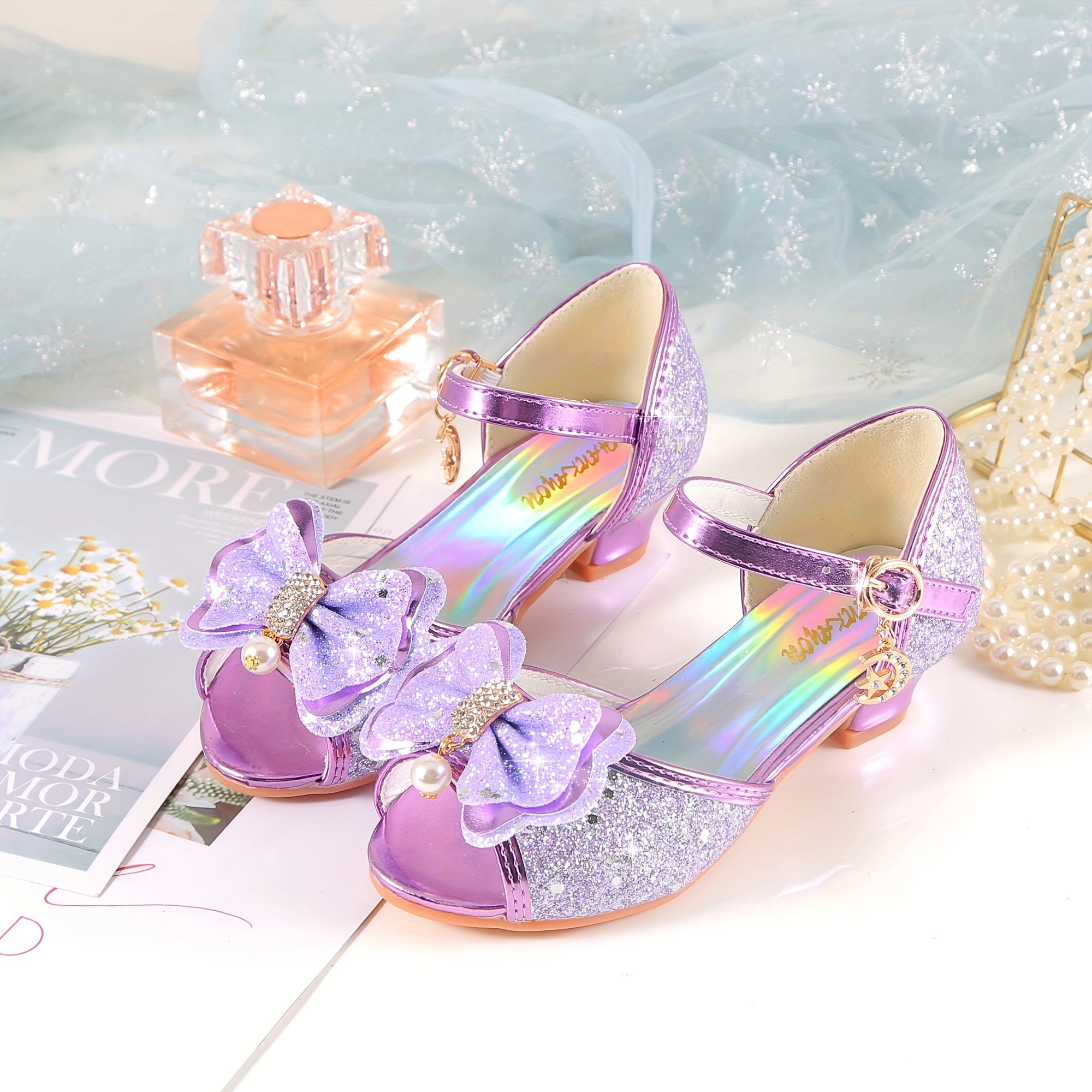 Girls' Sparkly Rainbow Princess Sandals with Bow, Purple Crystal Heels, Ankle Strap