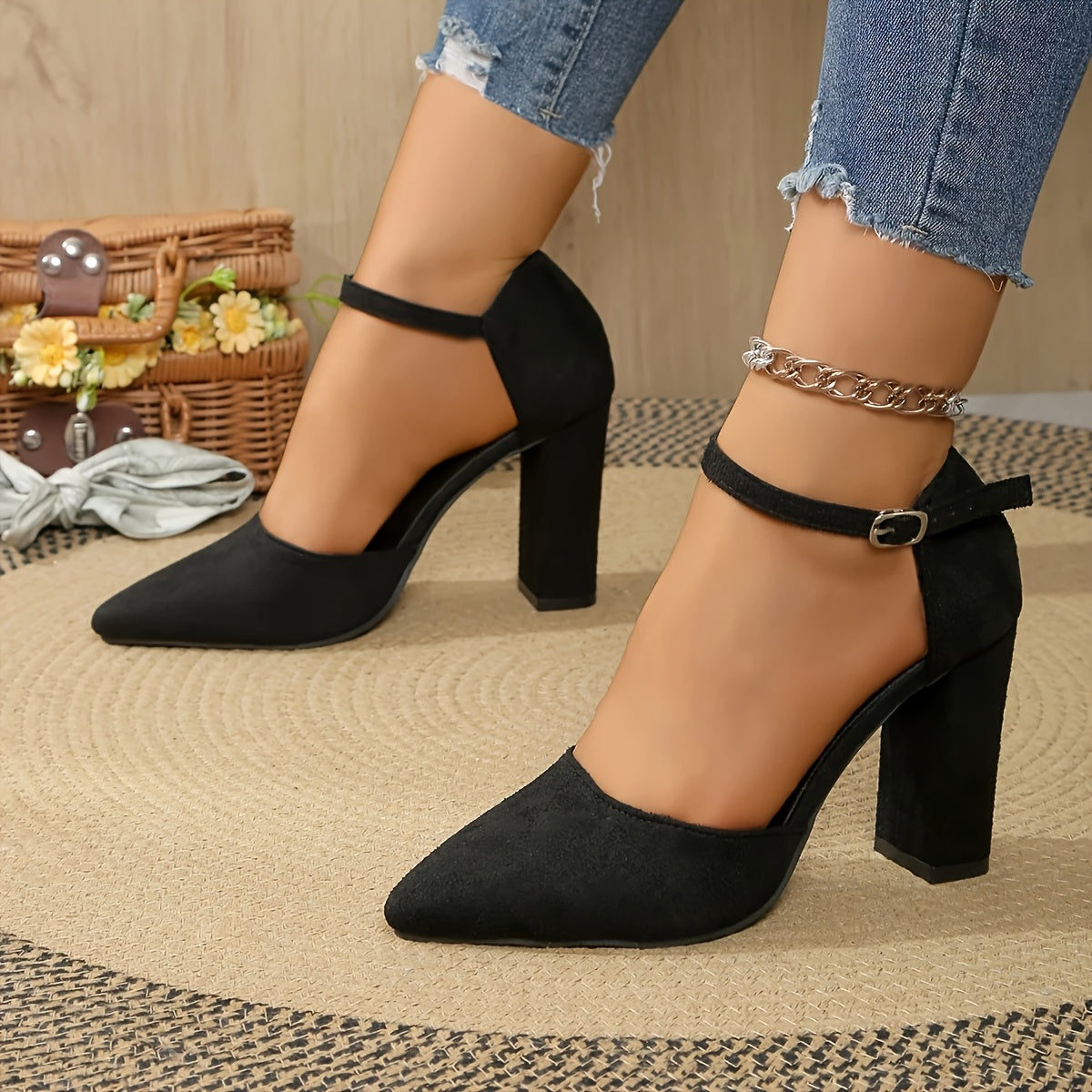 Women’s Black Fabric High Heels with Ankle Strap, Pointed Toe, Block Heel