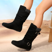 Women's Black Mid-Calf Boots Fabric Knit Slip-On Flat Rubber Sole
