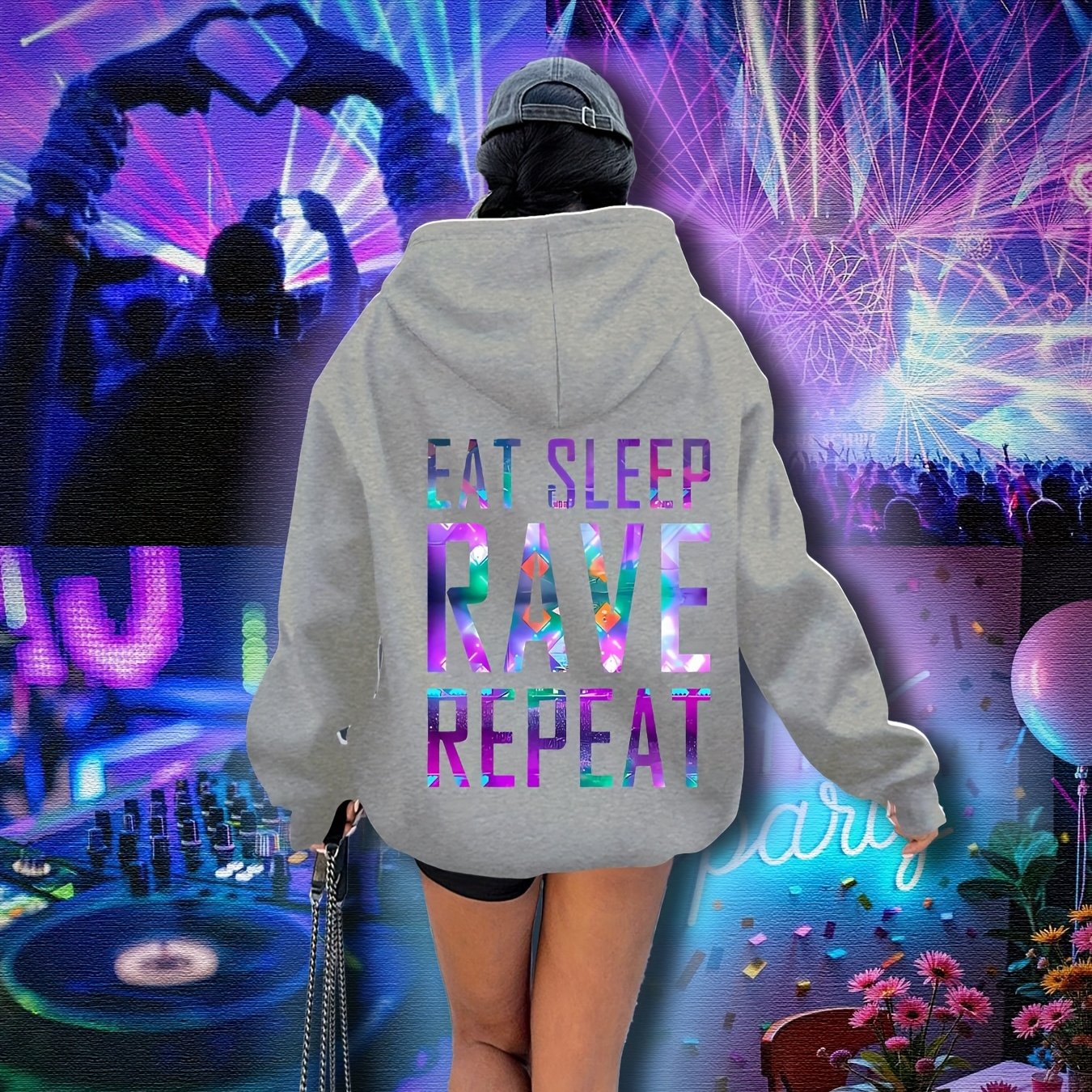 Sudadera con capucha gráfica de talla grande para mujer, festival de música rave, luces, casual, de sobreponer
