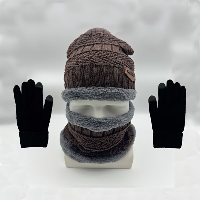Men's Cozy Knit Hat Scarf Gloves Set Thick Fleece Lining Winter Warmth