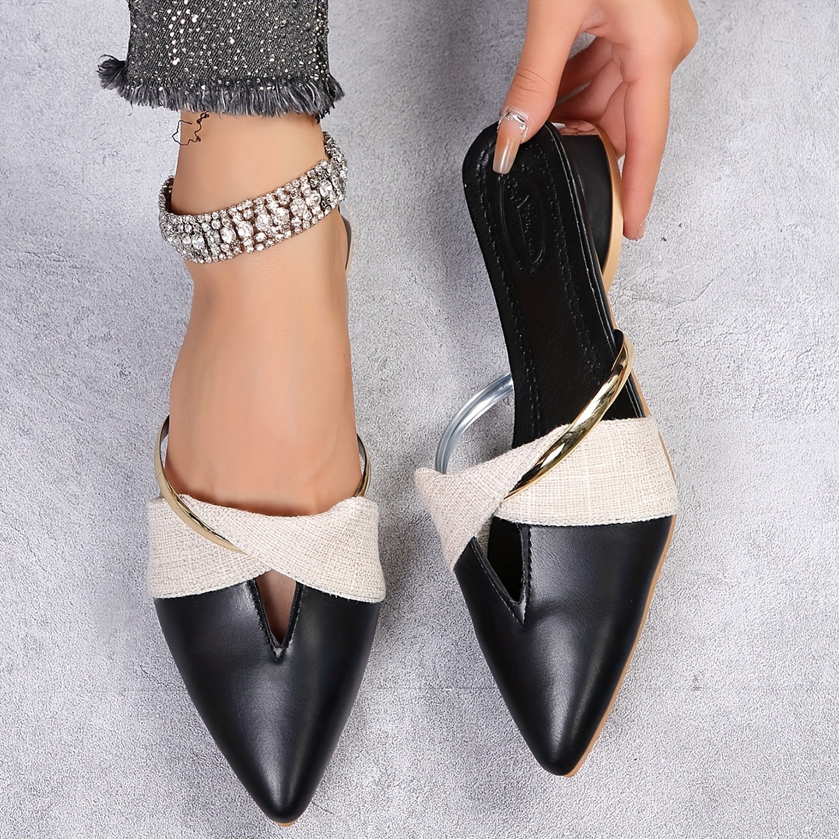 Women's V Cut Out Slip-On Block Heel Sandals with Pointed Toe