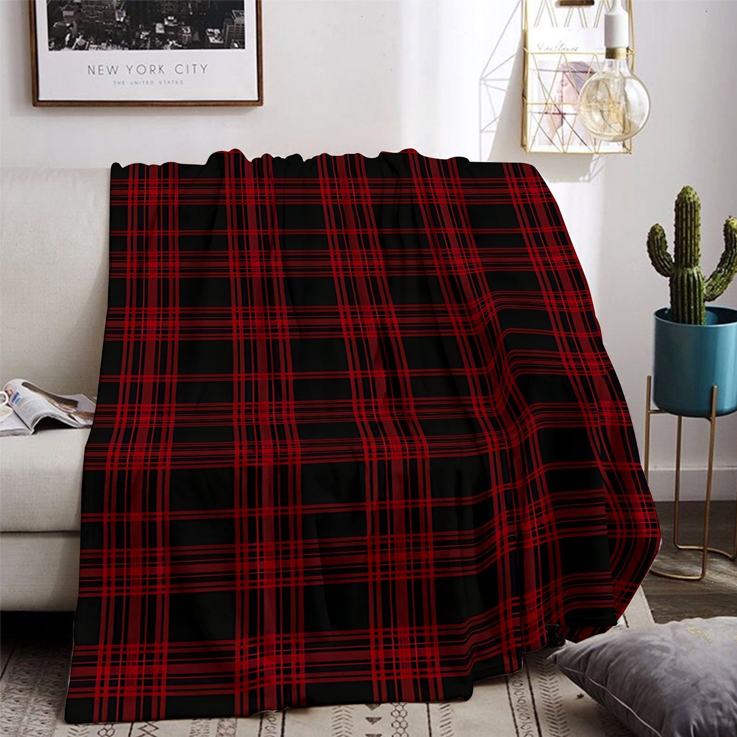 Red and Black Plaid Throw Blanket for Couch Bed and Office Use