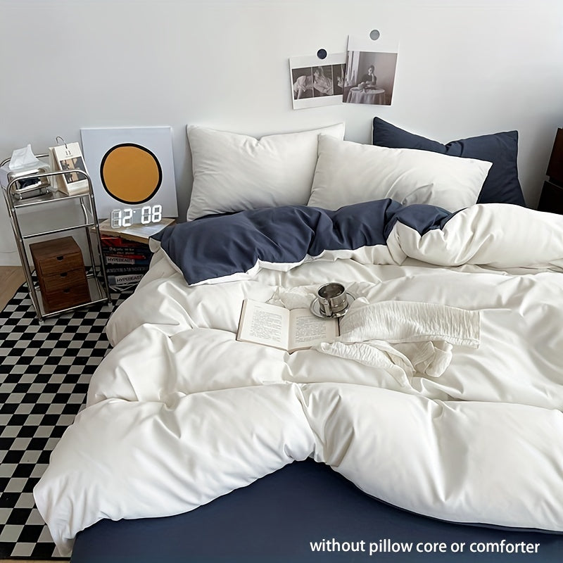 Set of 3 Solid Color Double Stitch Quilt Cover Sets in White Blue Gray with Pillowcases