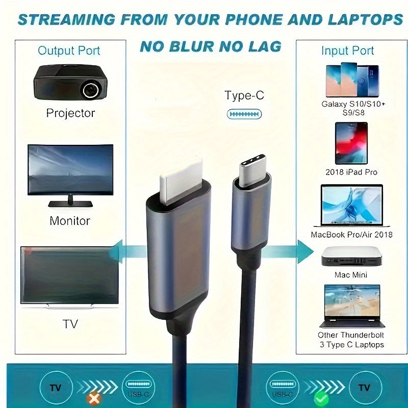2m High-Definition USB-C to HDMI Adapter Cable for Laptop Mobile Phone Tablet
