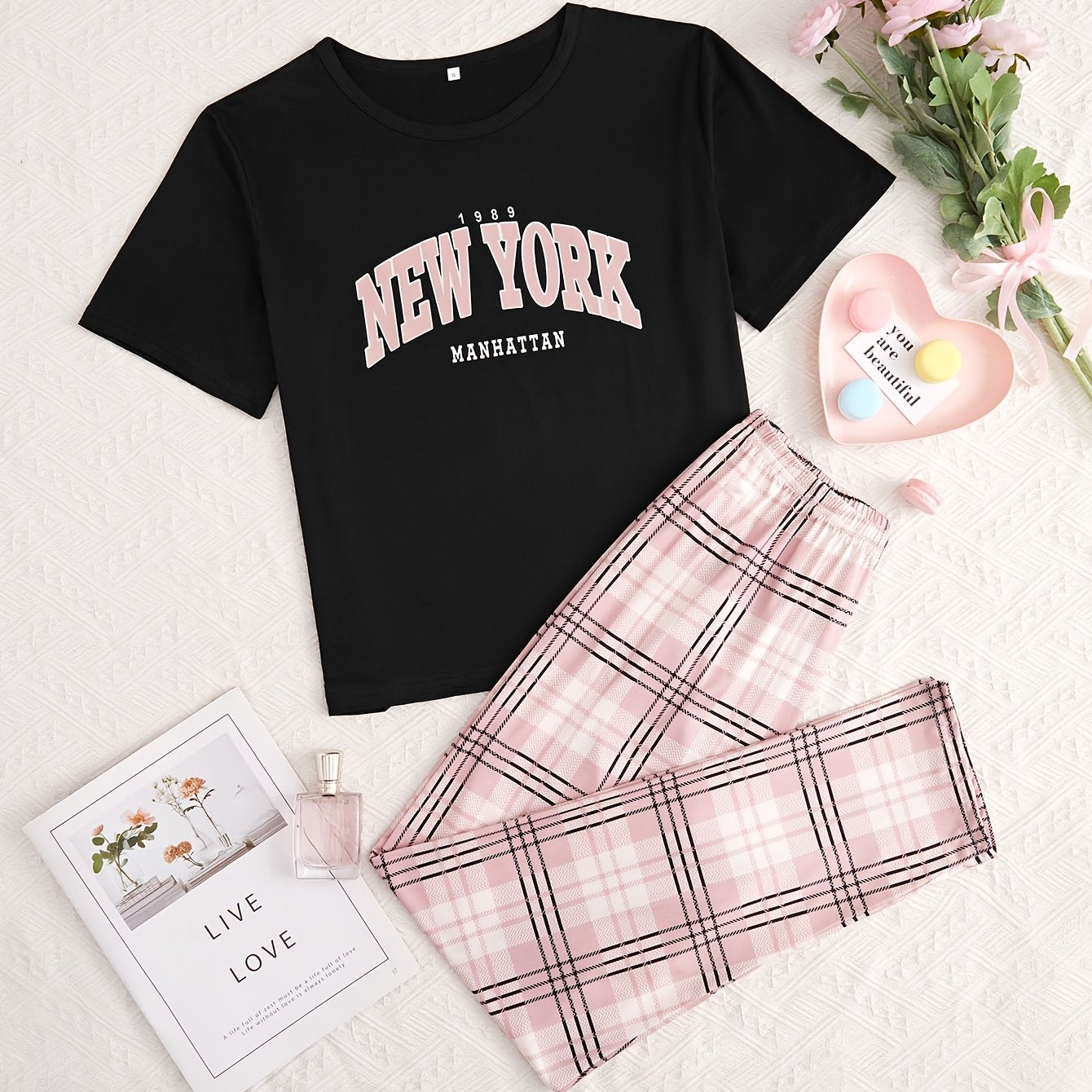 Women's Letter and Plaid Pajama Set Crew Neck Short Sleeve Top Long Pants Micro Elastic Polyester Sleepwear