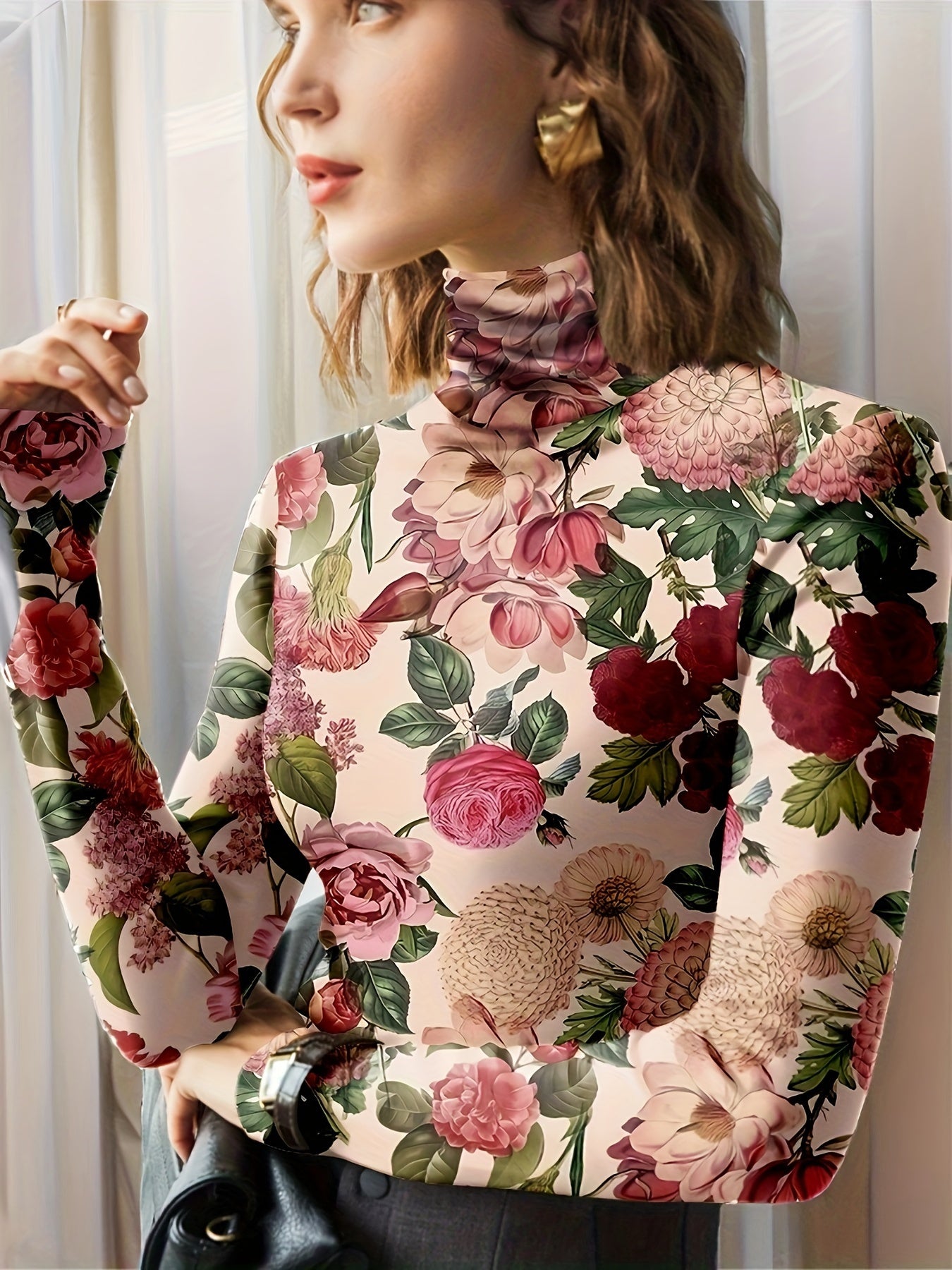 Women's Plus Size Floral Print Long Sleeve T-Shirt Polyester High Neck Casual Top