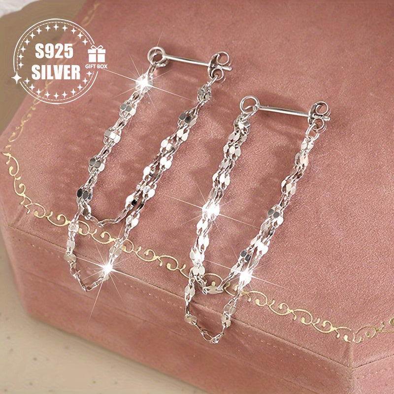 Women's Silver Earrings Double-Layer Lip Chain Tassel Hypoallergenic Jewelry