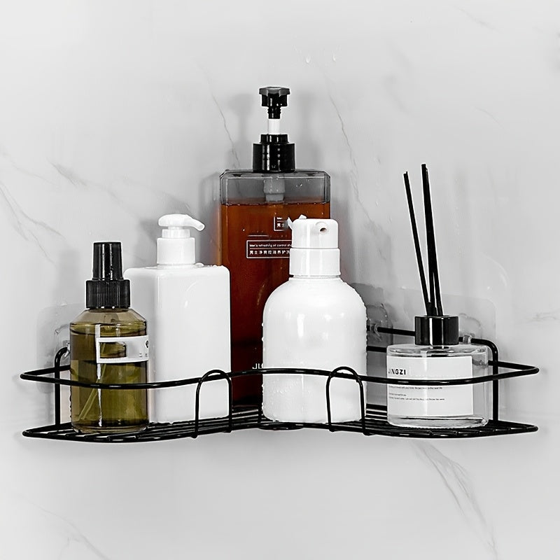 Black Wall-Mounted Bathroom Storage Rack with Hooks and Adhesive