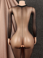 Plus Size Women's Crotchless Bodysuit Breathable Mesh Long Sleeve Underwear
