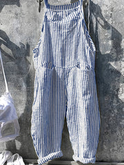 Mono sin mangas a rayas de talla grande para mujer, casual, con bolsillos, de una pieza